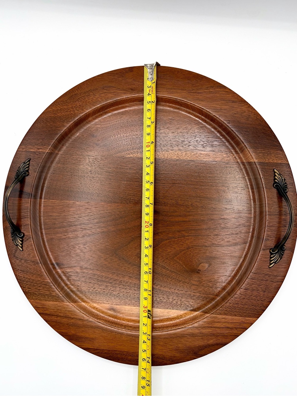 Vintage Ozark Walnutware Round Wood Serving Tray With Handles - Picture 7 of 7